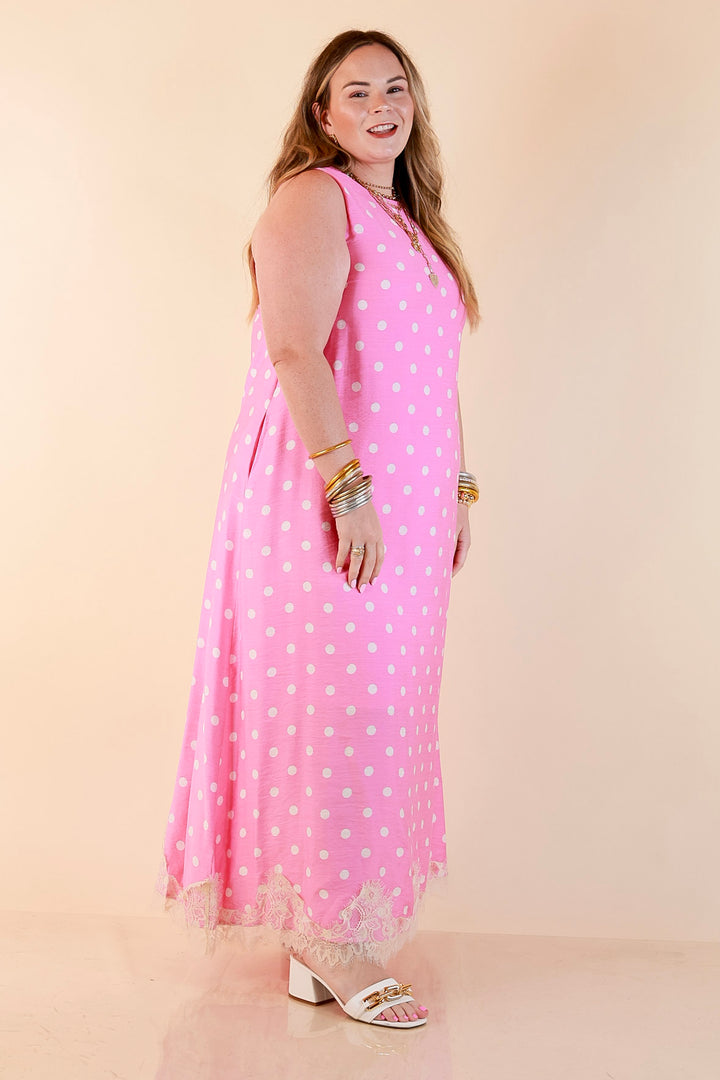 Sweet Little Something Polka Dot Sleeveless Maxi Dress with Lace Trim in Pink