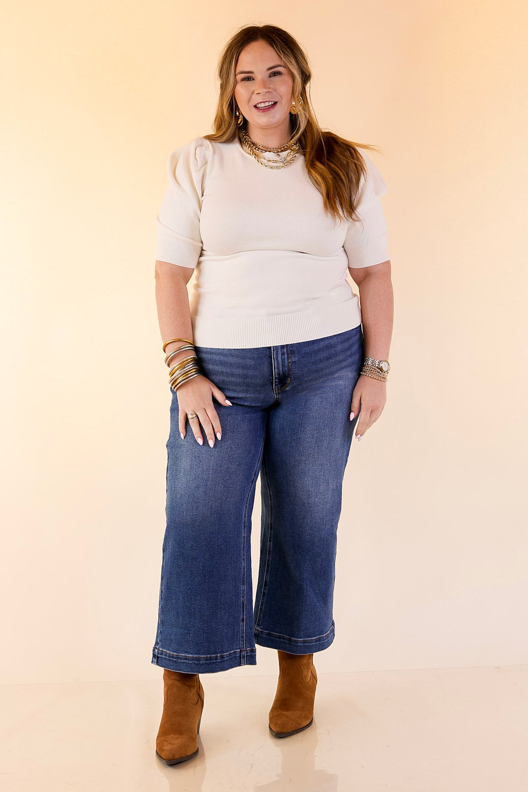 Sweet Sophistication Puff Short Sleeve Knit Sweater with Scoop Neck in Ivory