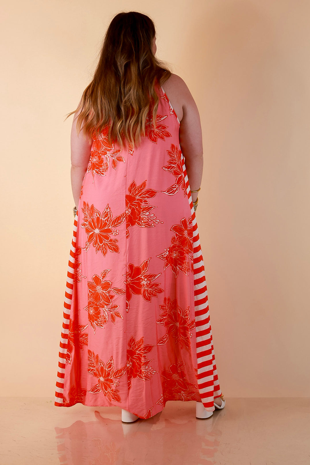 Meet Me in Palm Beach Floral Print Halter Maxi Dress with Adjustable Bow Tie Neck in Pink and Orange