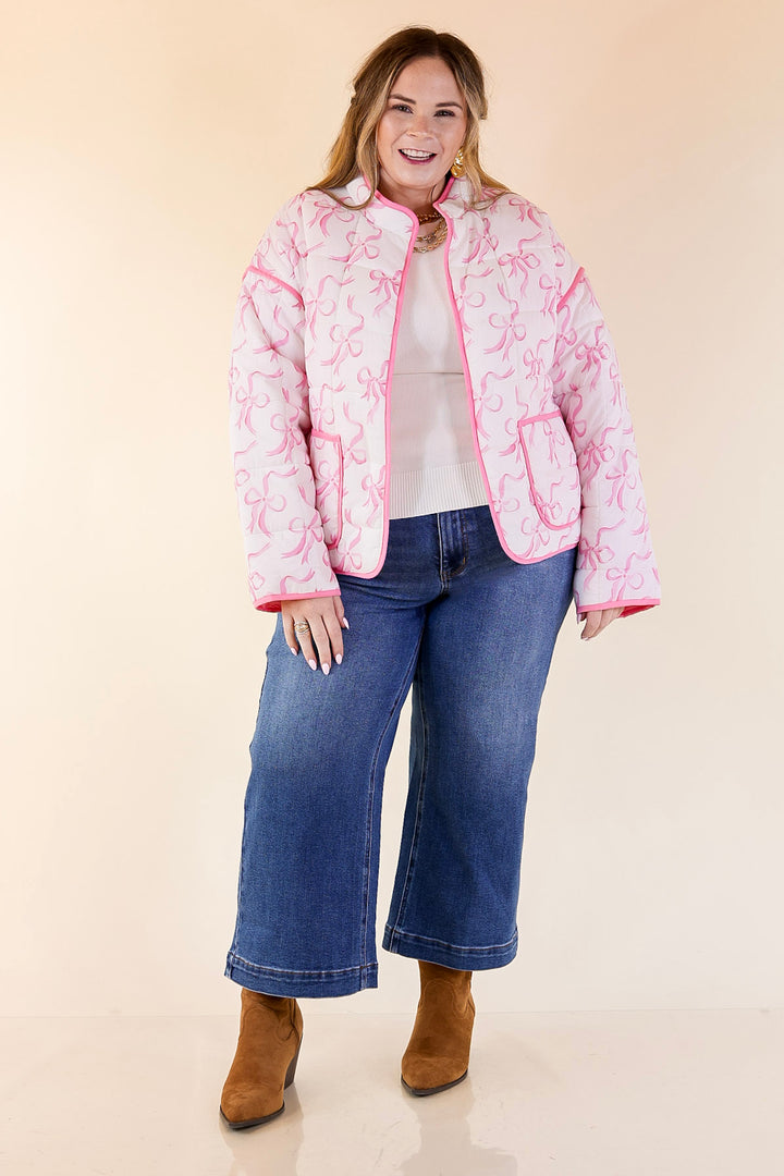 Mud Pie | Cher Quilted Jacket with Pink Bow Print and Pink Piping and Pockets in Off White