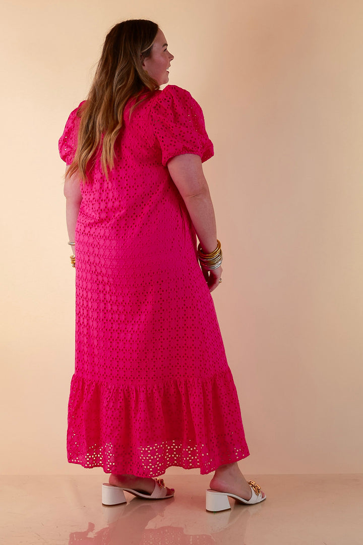 Meet Me at Sunset Eyelet Lace Puff Sleeve Tiered Maxi Dress in Hot Pink