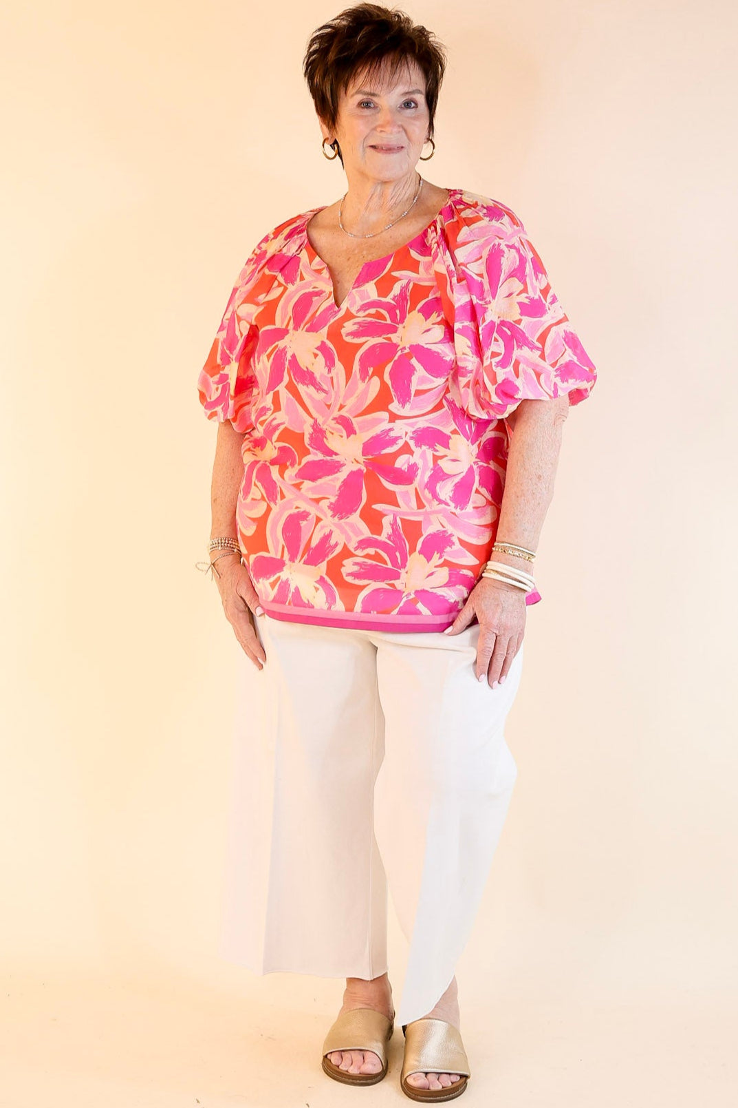 Paradise Petals Floral Print Top with Short Puff Sleeves and a Notched Neckline in Magenta Mix
