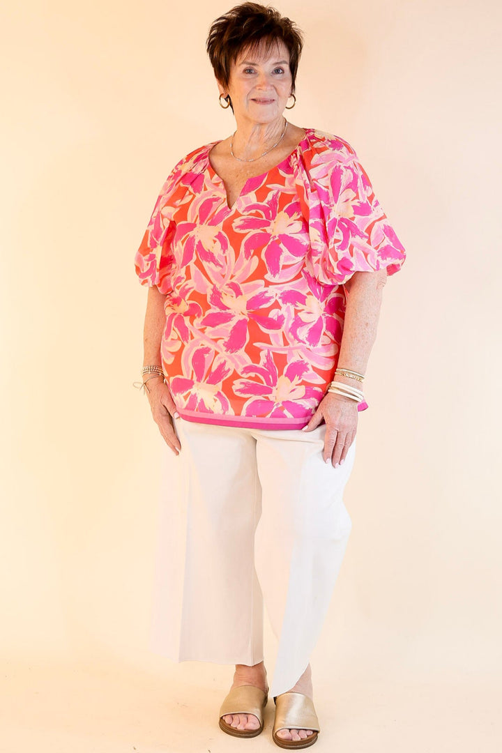 Paradise Petals Floral Print Top with Short Puff Sleeves and a Notched Neckline in Magenta Mix