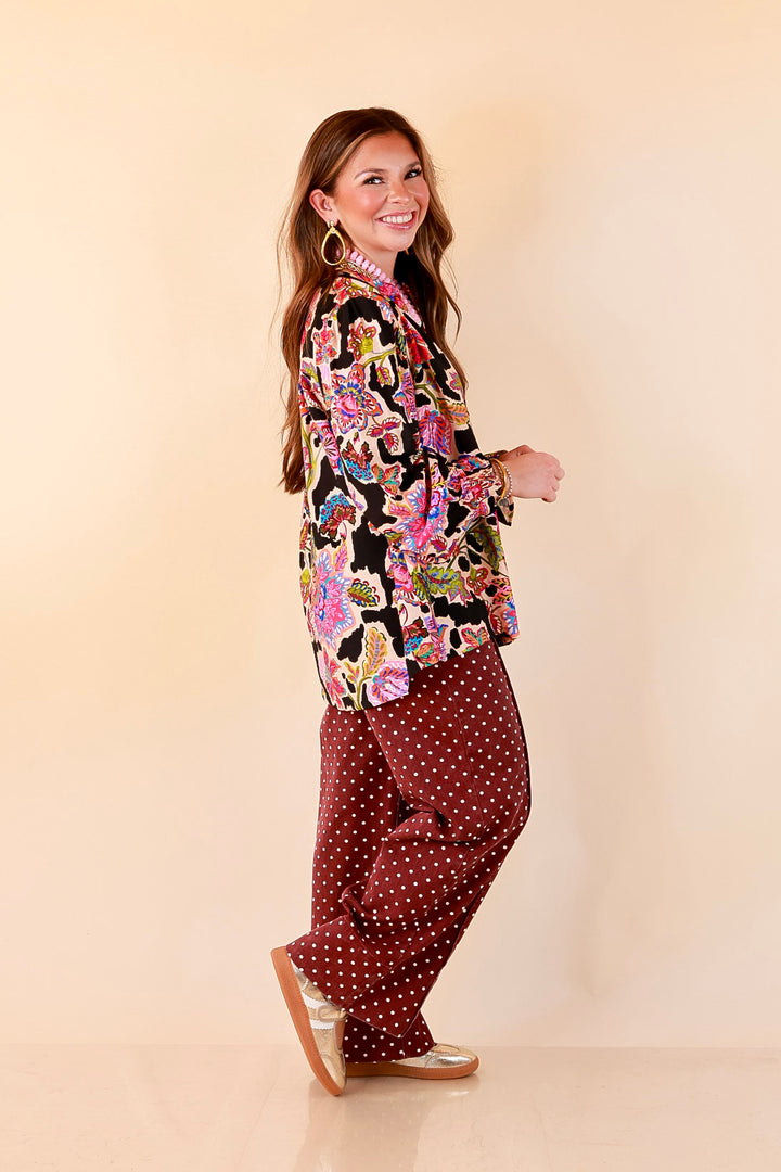 Petal Pop Floral Print Ruffle Front Button Up Long Sleeve Top with Balloon Sleeves in Black