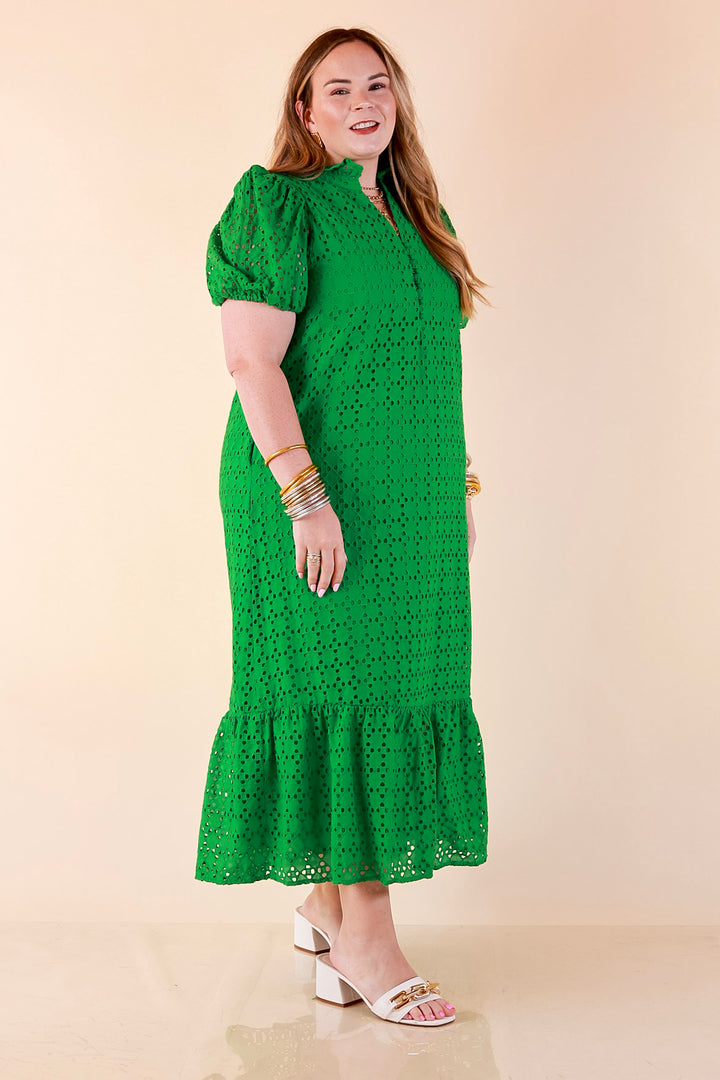 Meet Me at Sunset Eyelet Lace Puff Sleeve Tiered Maxi Dress in Kelly Green