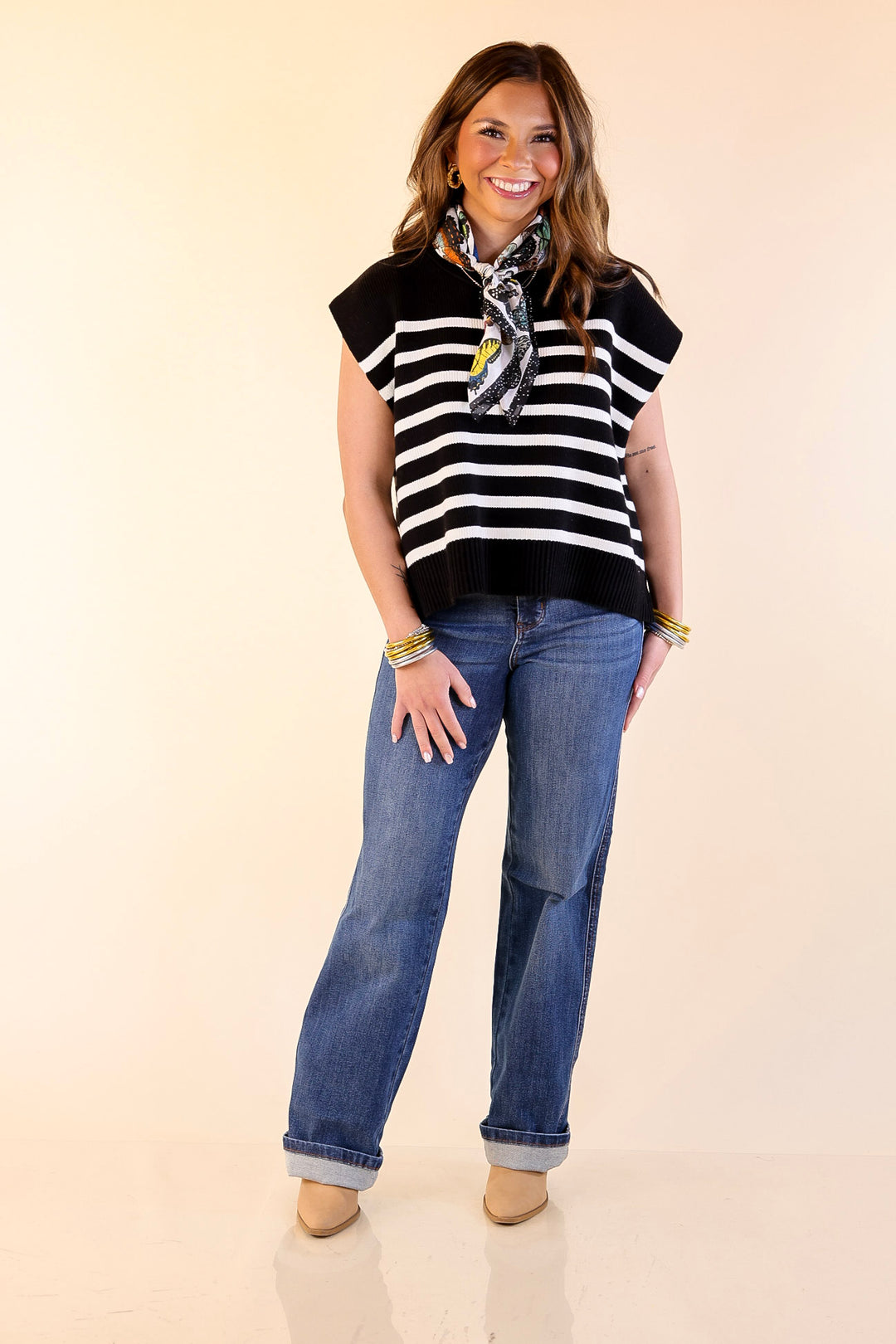 Stripe Things Up Drop Shoulder Knit Sweater in Black with Ivory Stripes