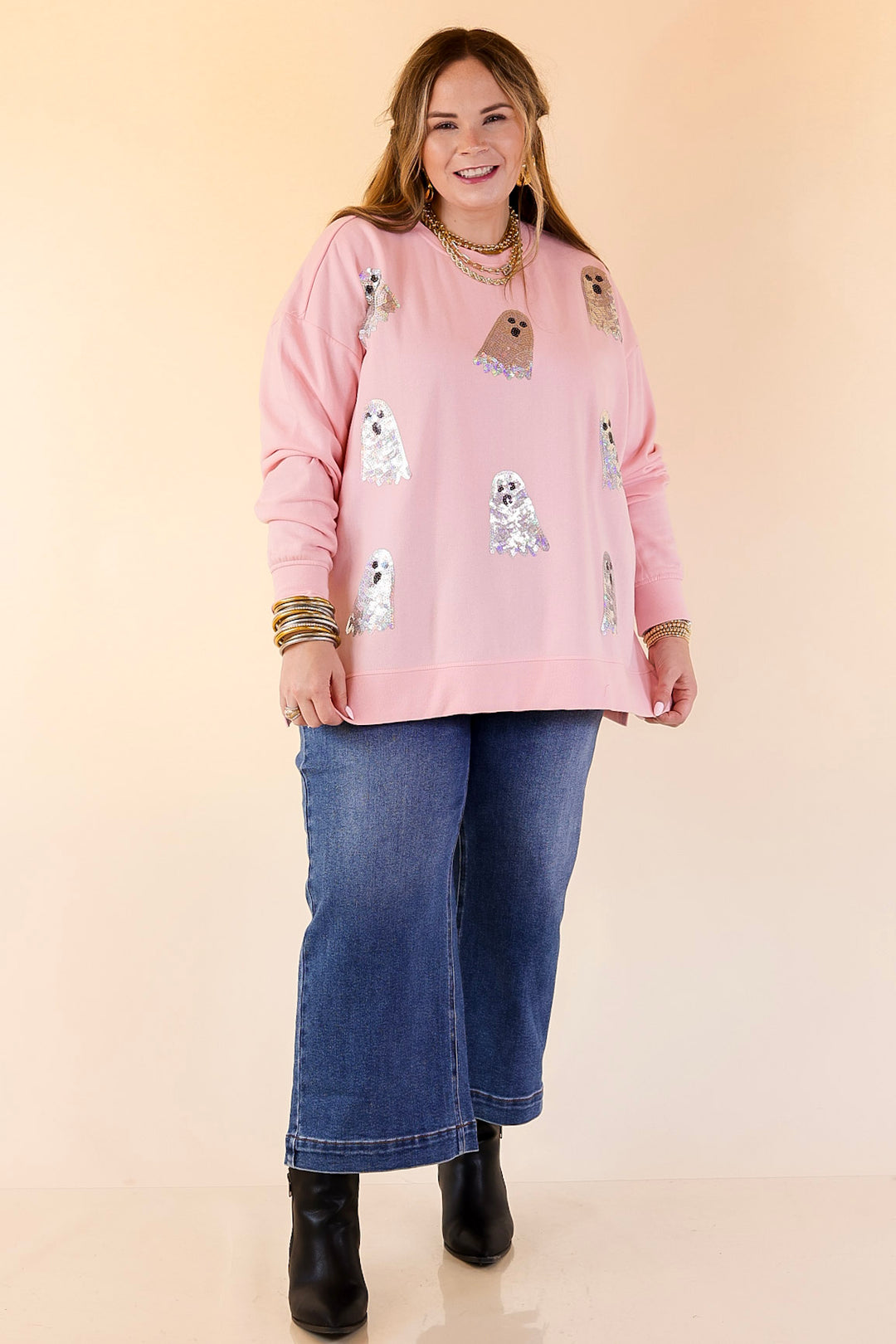Mud Pie | Too Cute to Spook Crew Neck Sweatshirt with Side Slits and Sequin Ghosts in Pink