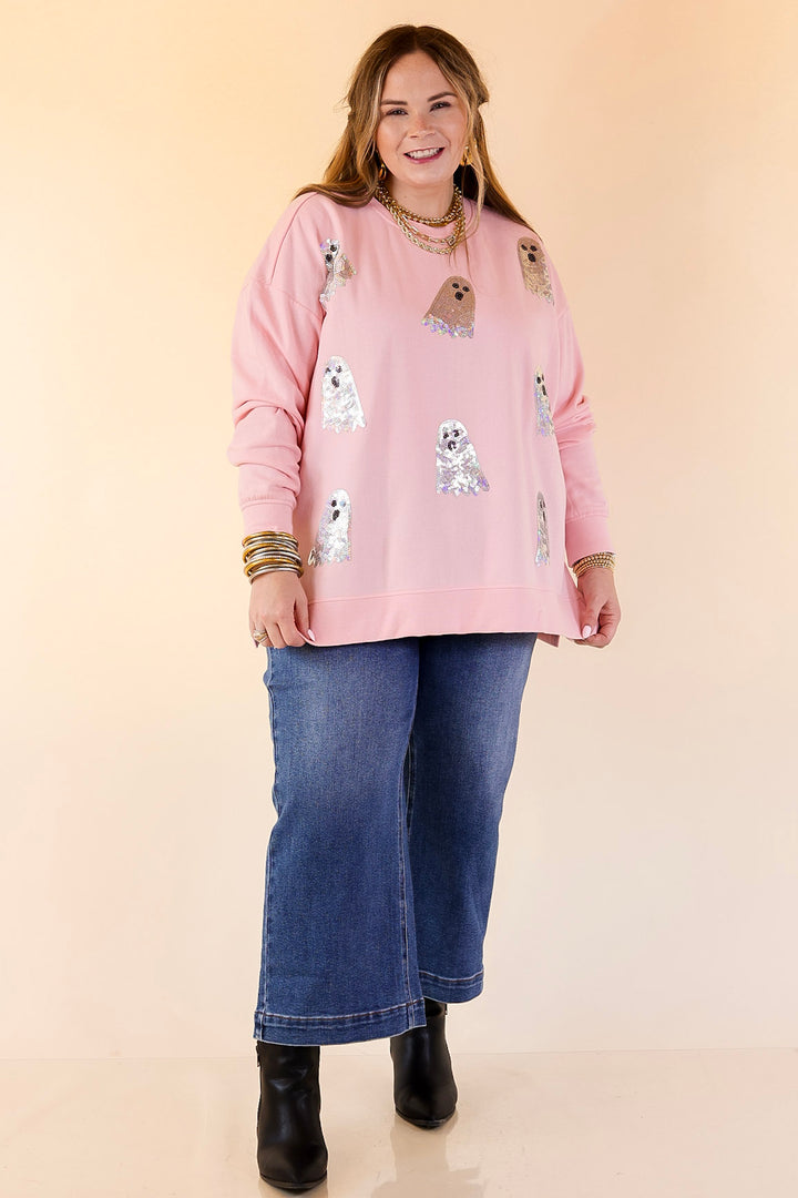 Mud Pie | Too Cute to Spook Crew Neck Sweatshirt with Side Slits and Sequin Ghosts in Pink