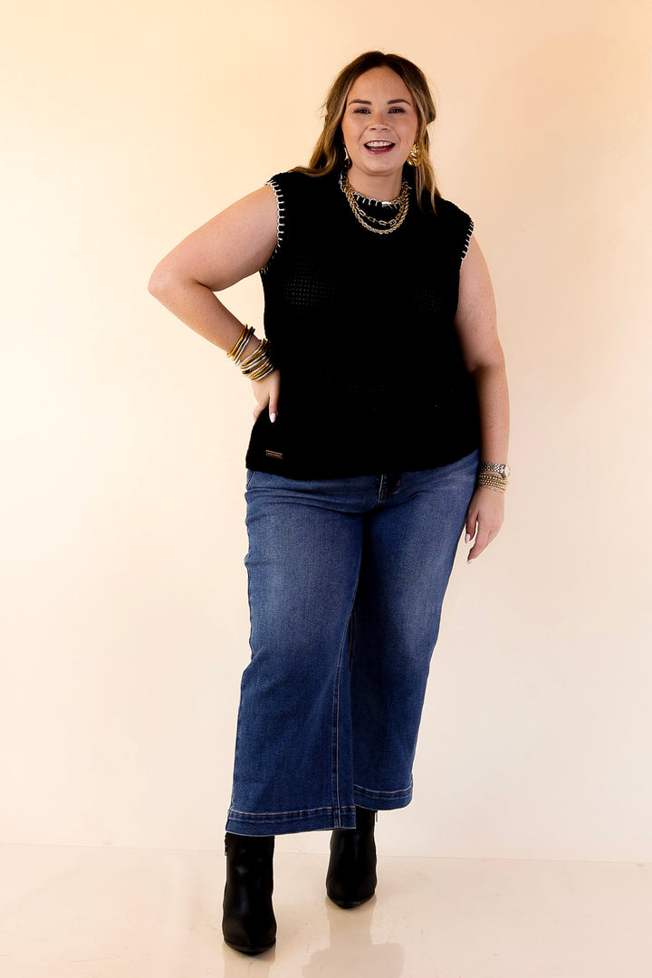 Simply Southern | Olivia Large Knit Sweater Vest with Contrast White Stitching in Black