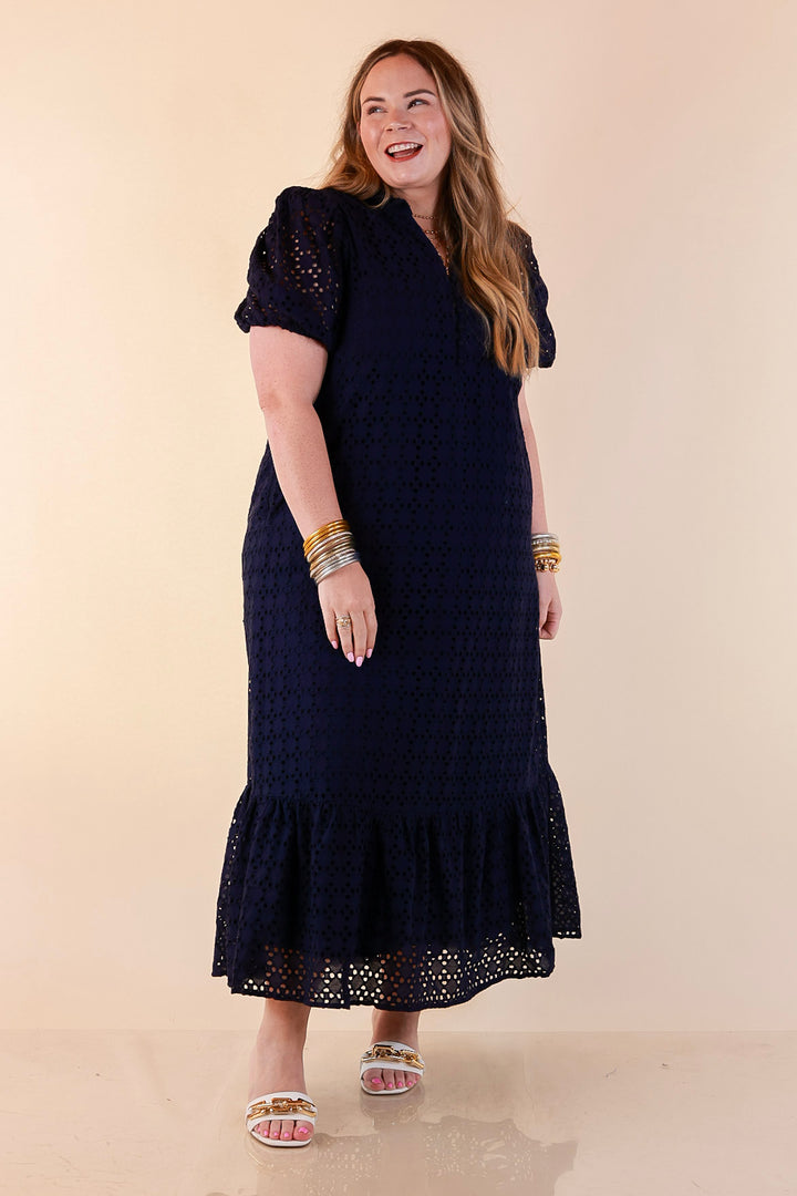 Meet Me at Sunset Eyelet Lace Puff Sleeve Tiered Maxi Dress in Navy Blue
