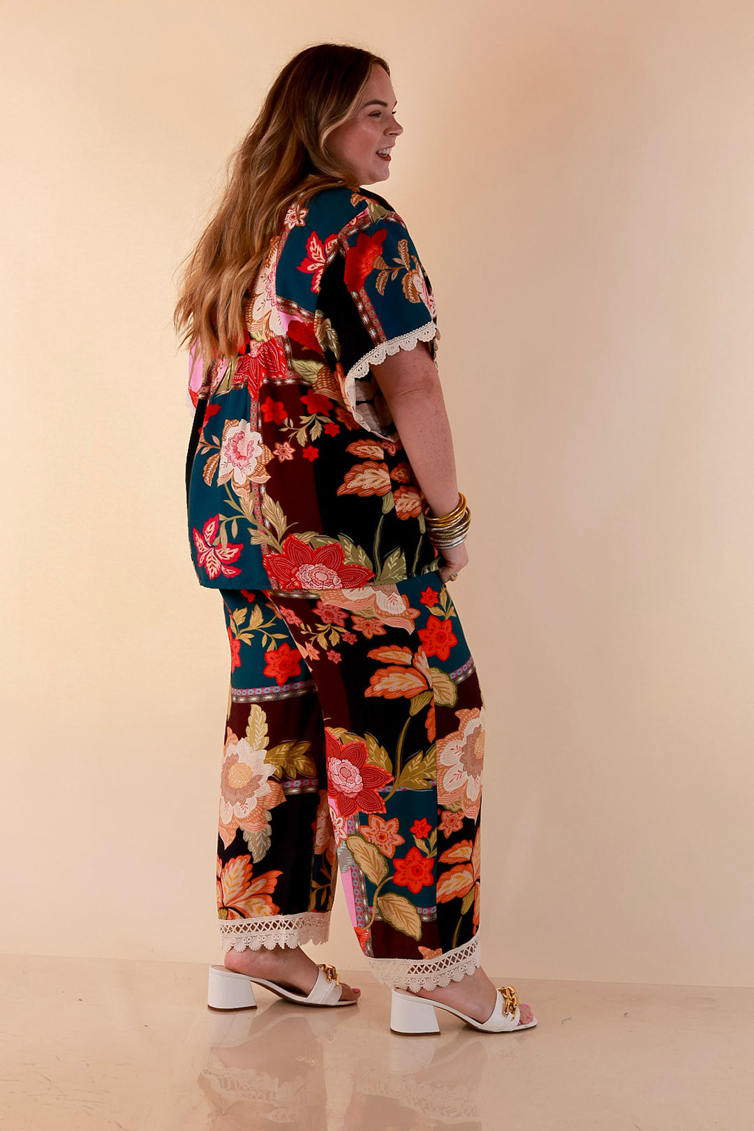 Patchwork Flair Floral Patchwork Print Wide Leg Pants with Lace Trim in Pink Mix