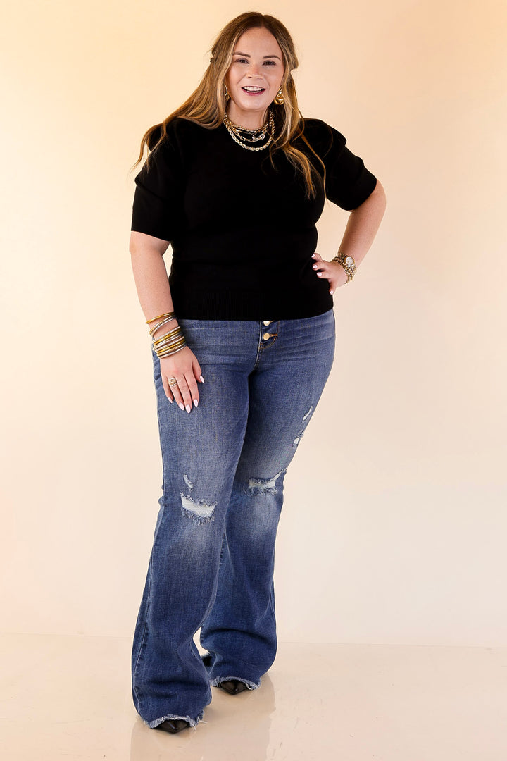 Sweet Sophistication Puff Short Sleeve Knit Sweater with Scoop Neck in Black