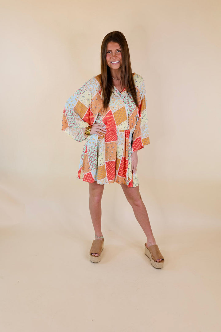 Pushing Limits Floral Patch Print Romper with 3/4 Sleeves - Giddy Up Glamour Boutique