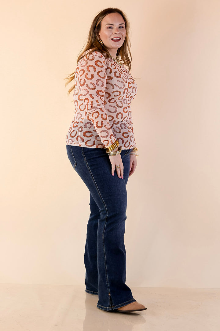 The Perfect Layer Horseshoe Print Mesh Long Sleeve Top in Cream and Brown