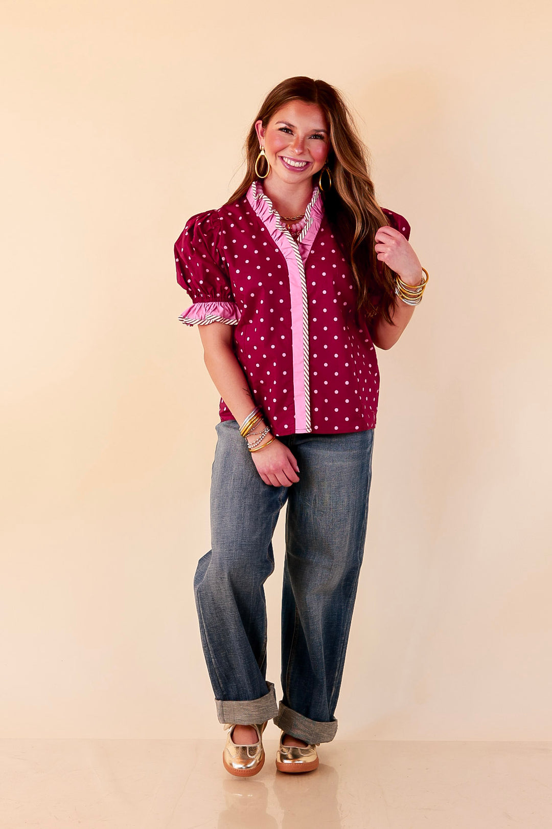 Endless Elegance Ruffled V Neck Polka Dot Print Top in Maroon and Pink