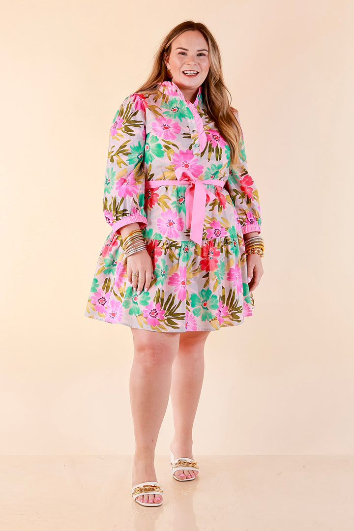Petals and Promises Floral Print Ruffle Collar Tie Waist Tiered Dress in Pink and Mint