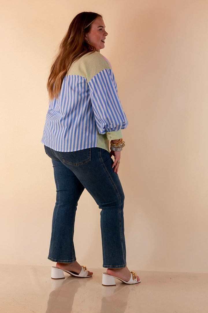 Lovely Impression Colorblock Stripe Button Front Top with Balloon Sleeves in Pink, Blue and Green