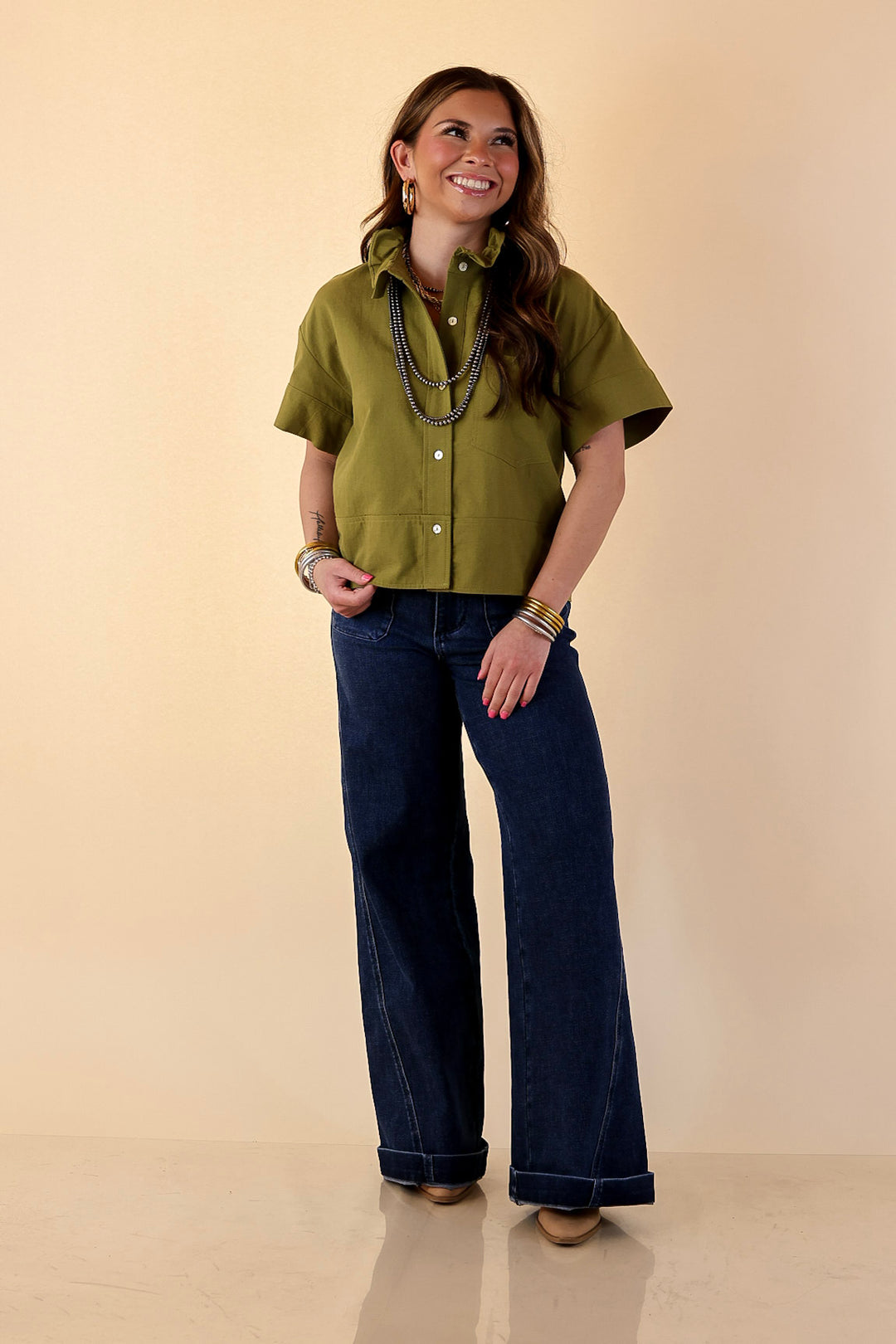 Casual Composure Button Front Short Sleeve Linen Top in Olive Green