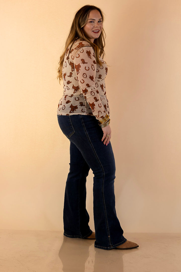 The Perfect Layer Western Icons Print Mesh Long Sleeve Top in Cream and Brown