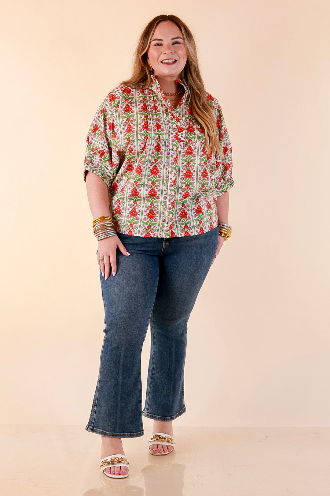 Charming Details Floral Print Button Front Dolman Top with Ruffle Collar in Ivory