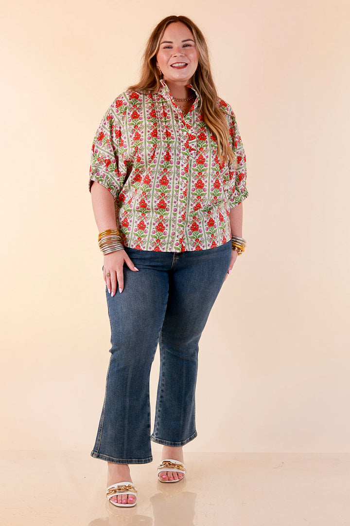 Charming Details Floral Print Button Front Dolman Top with Ruffle Collar in Ivory