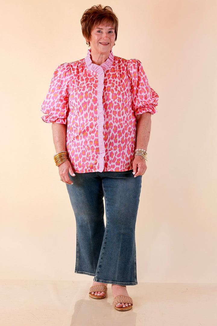 Catch the Compliments Puff Sleeve Ruffle Trim Leopard Print Statement Top in Pink and Orange