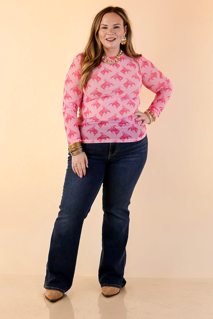 The Perfect Layer Hot Pink Bronc Print Mesh Long Sleeve Top in Pink