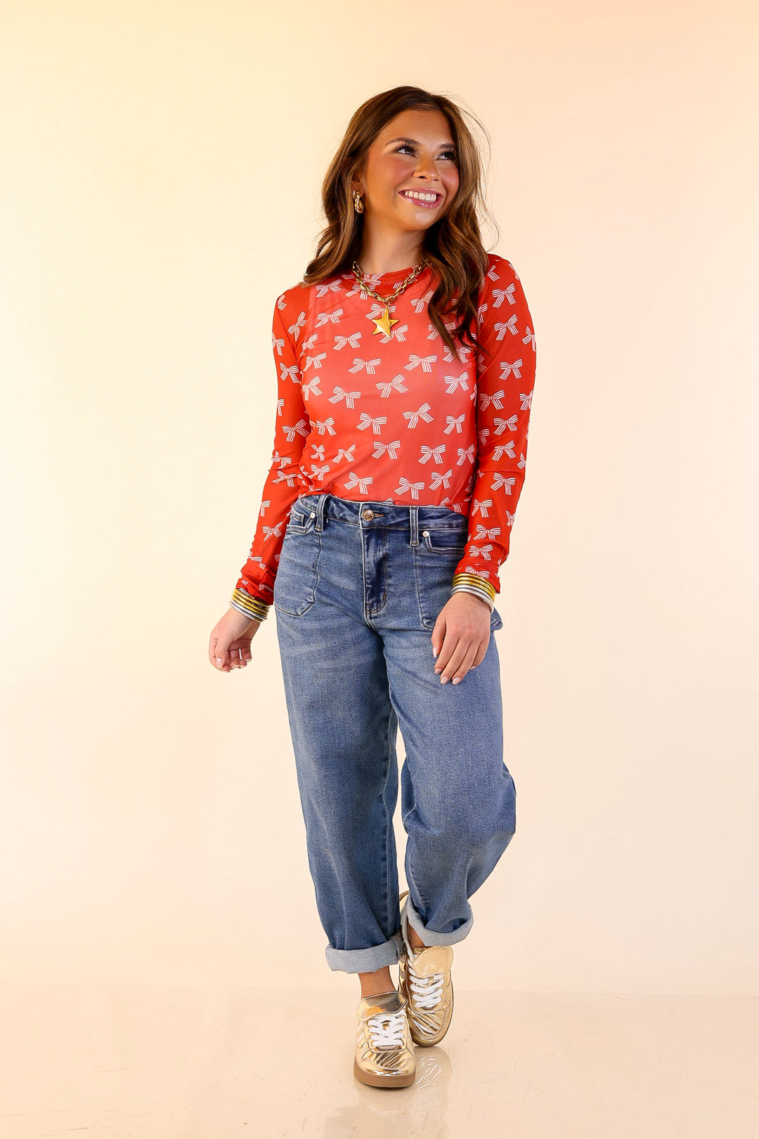 The Perfect Layer Bow Print Mesh Long Sleeve Top in Red and Ivory