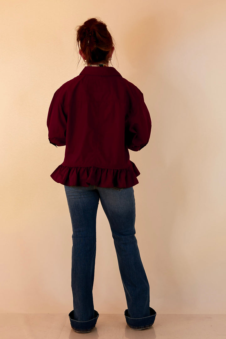 Style Agenda Solid Button Down Peplum Top in Maroon