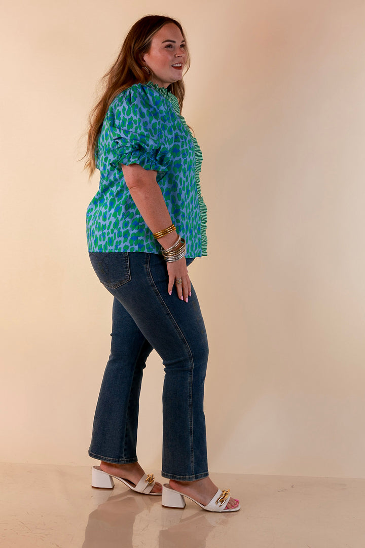 Catch the Compliments Puff Sleeve Ruffle Trim Leopard Print Statement Top in Green and Blue