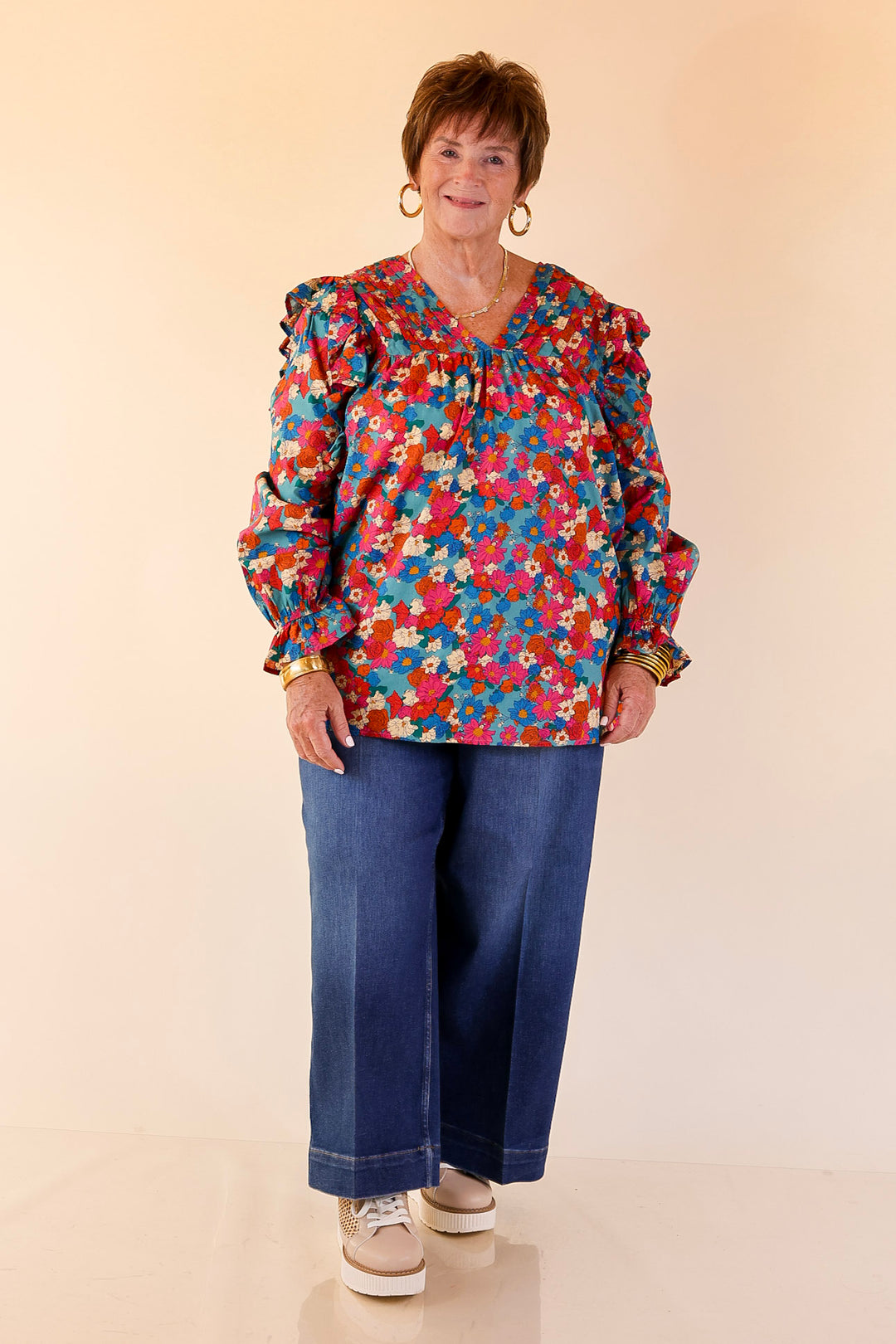 Coffee Perks Floral Ruffle Detail Long Sleeve Top in Turquoise Blue