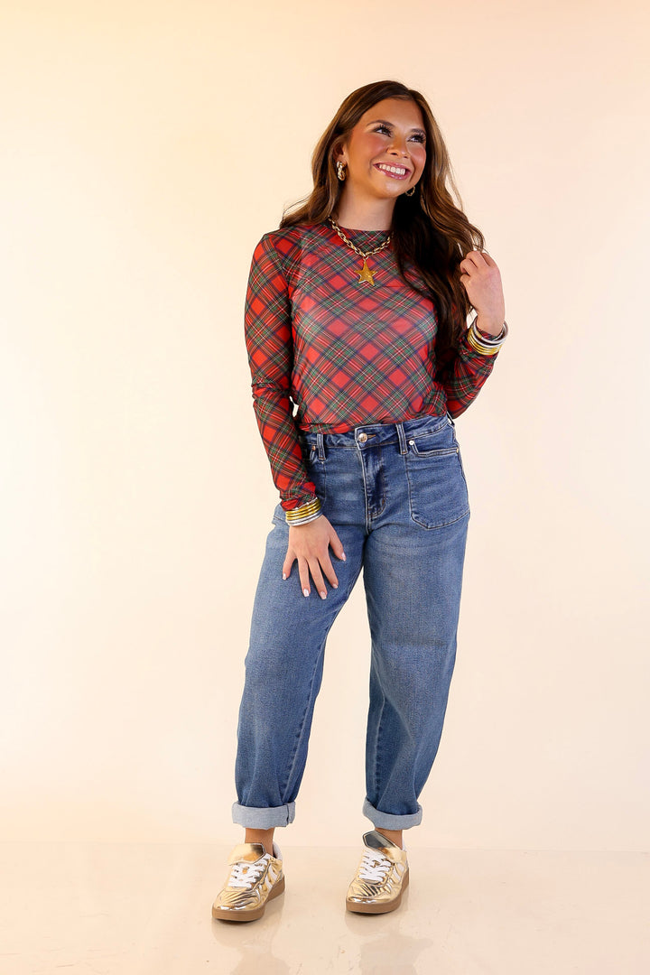 The Perfect Layer Tartan Plaid Print Mesh Long Sleeve Top in Red