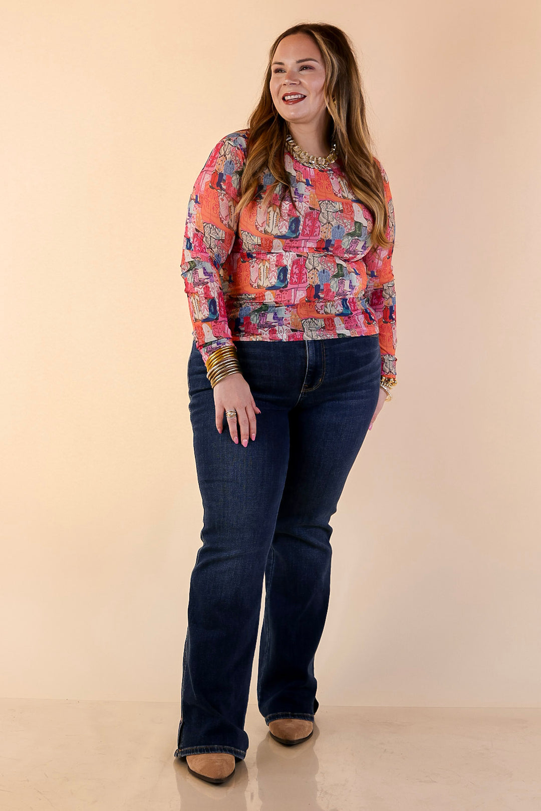 The Perfect Layer Western Boot Print Mesh Long Sleeve Top in Pink Multicolor