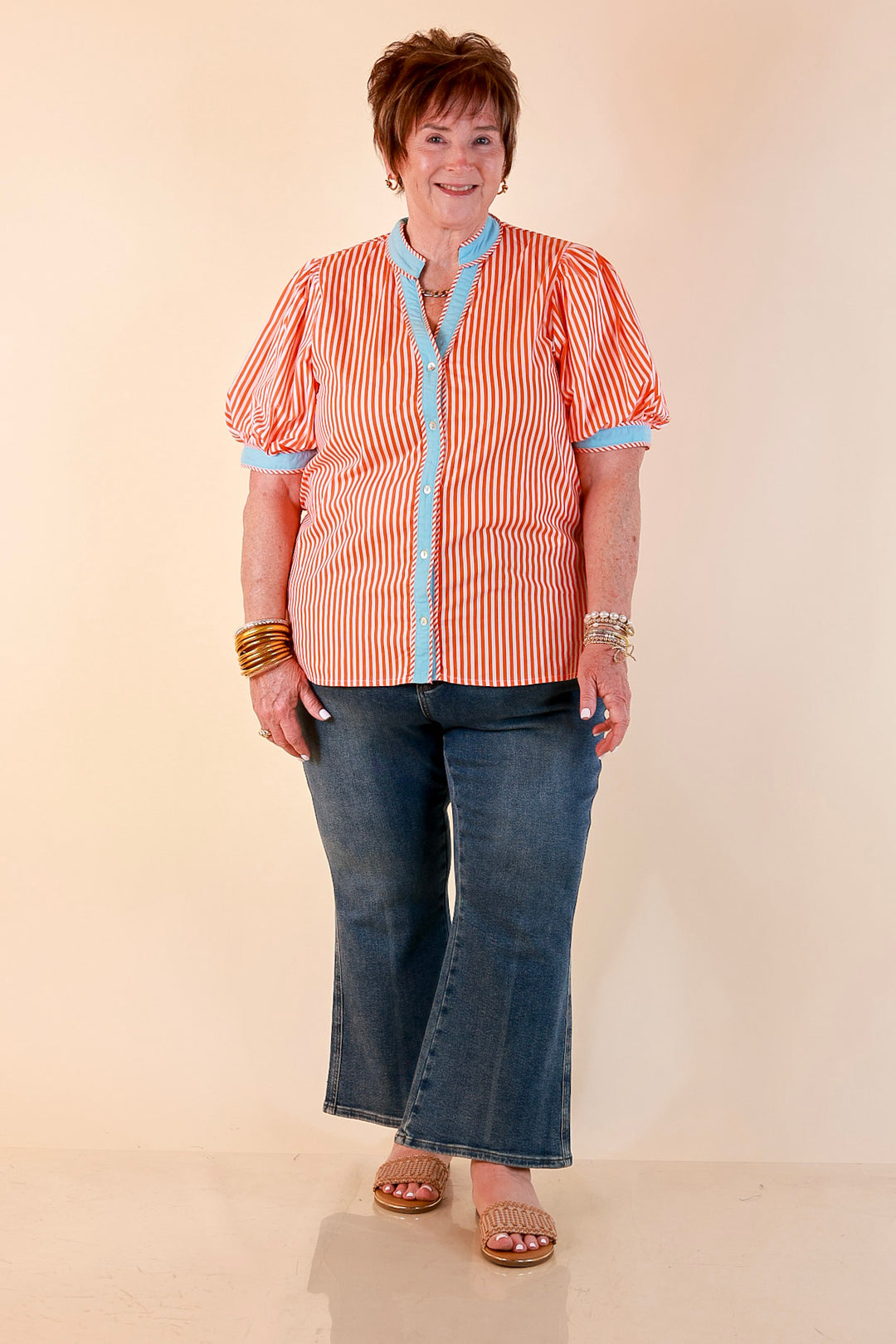 Pop of Polish Short Puff Sleeve Button Front Top with Contrast Trim in Orange, White and Sky Blue