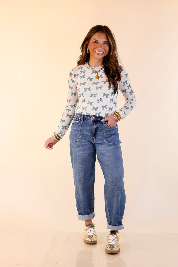 The Perfect Layer Bow Print Mesh Long Sleeve Top in Ivory and Green