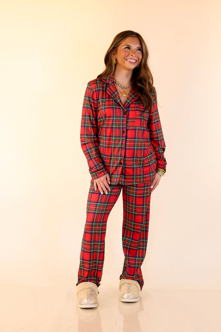 Holiday at Home Tartan Plaid Matching PJ Set with Black Trim in Red Plaid