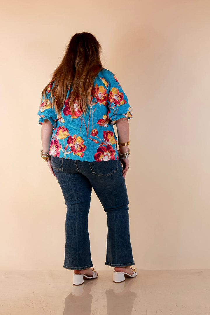 Petal Perfect Floral Print Textured Puff Sleeve Top with Ruffle Split Neckline in Aqua Mix