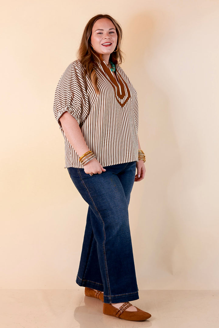 Naturally Stylish Stripe Top with Contrast Stripe Trim and Short Dolman Sleeves in Camel Brown