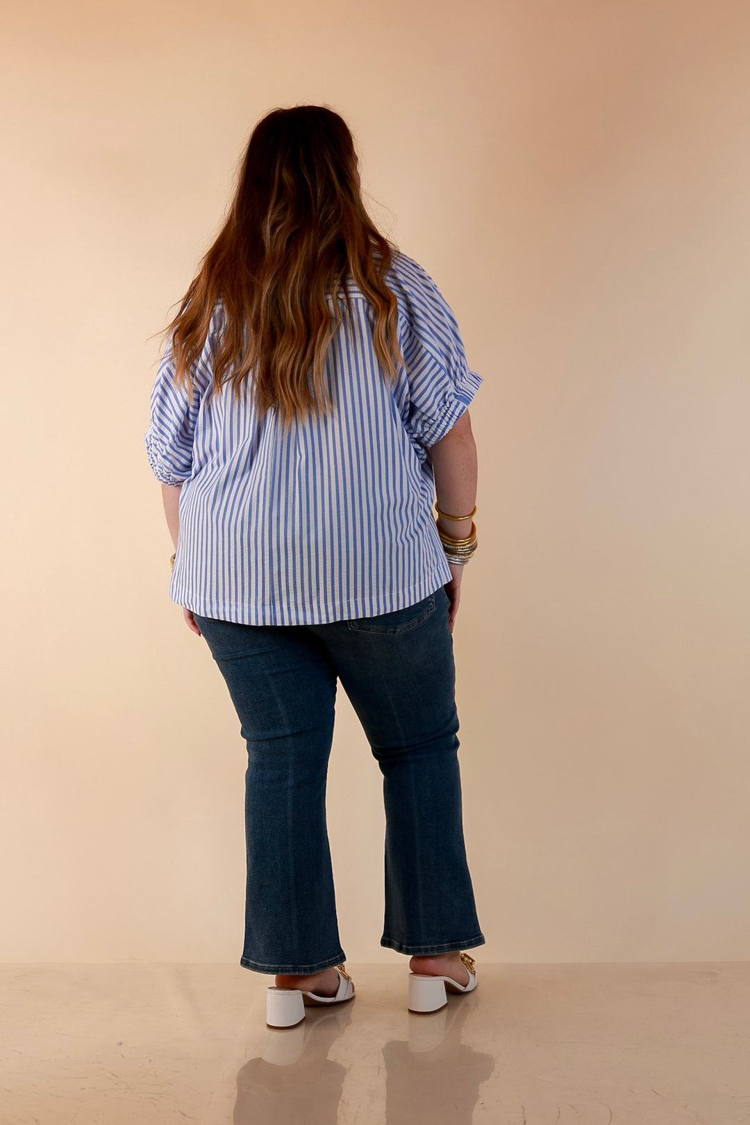 Naturally Stylish Striped Poncho Top with Lace Trim Details and Dolman Sleeves in Baby Blue