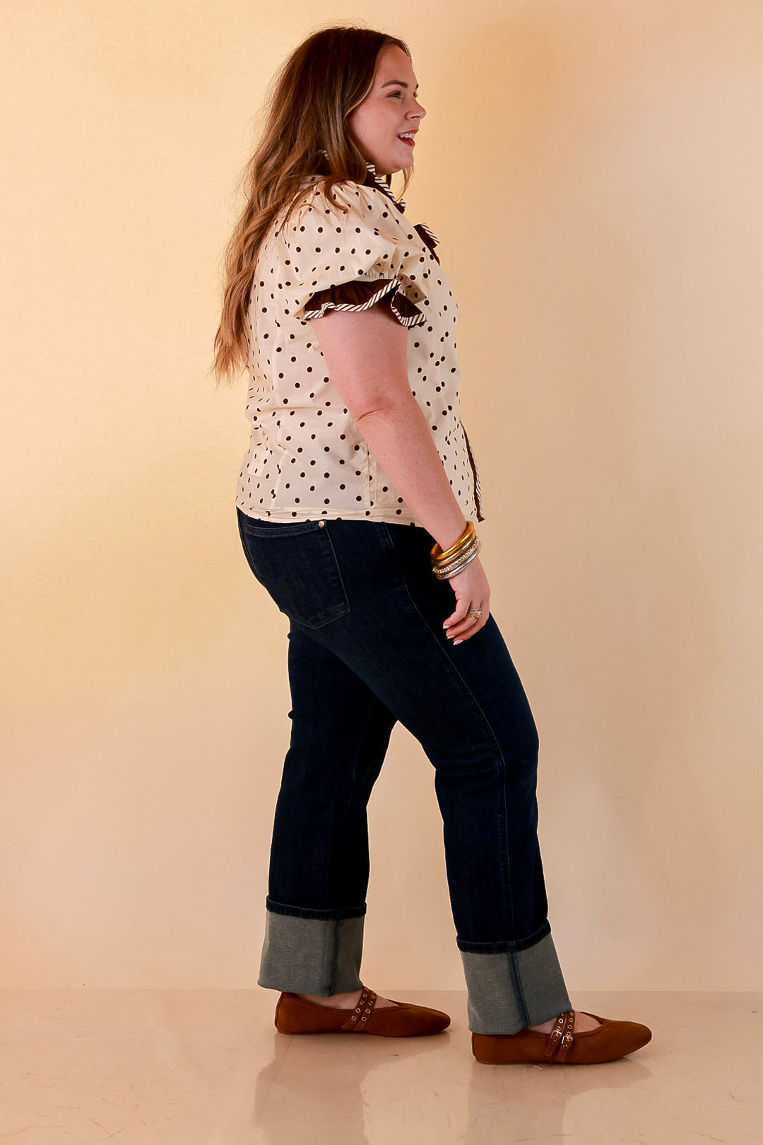 Endless Elegance Ruffled V Neck Polka Dot Print Top in Cream and Brown