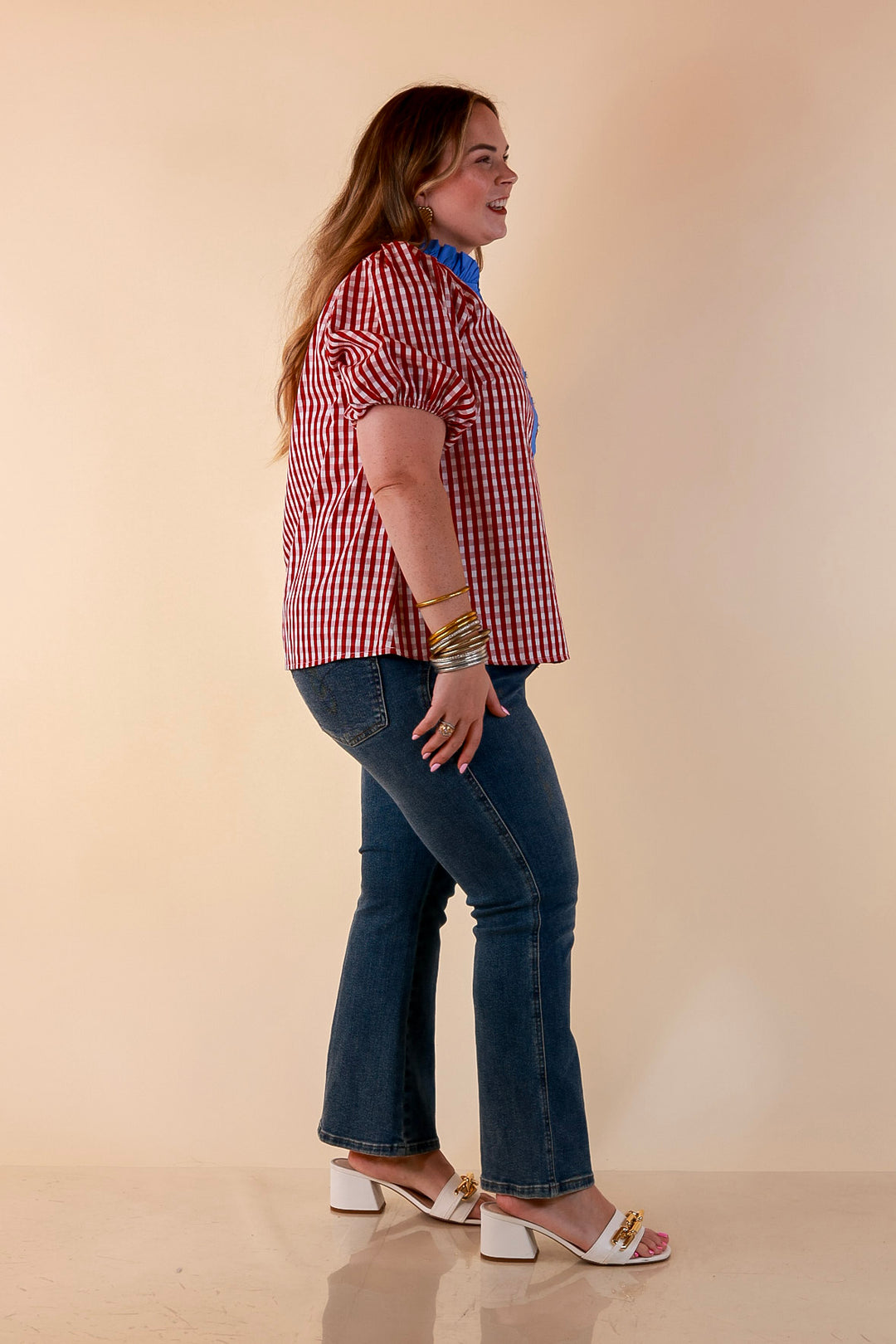 Polished &amp; Playful Short Puff Sleeve Gingham Top with Contrast Blue Trim in Red and White