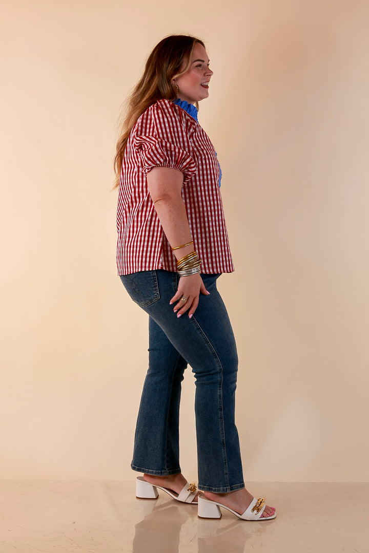 Polished &amp; Playful Short Puff Sleeve Gingham Top with Contrast Blue Trim in Red and White