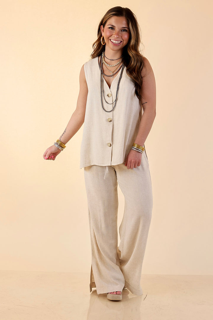 Styled in Comfort Linen Wide Leg Drawstring Pants in Oatmeal Beige