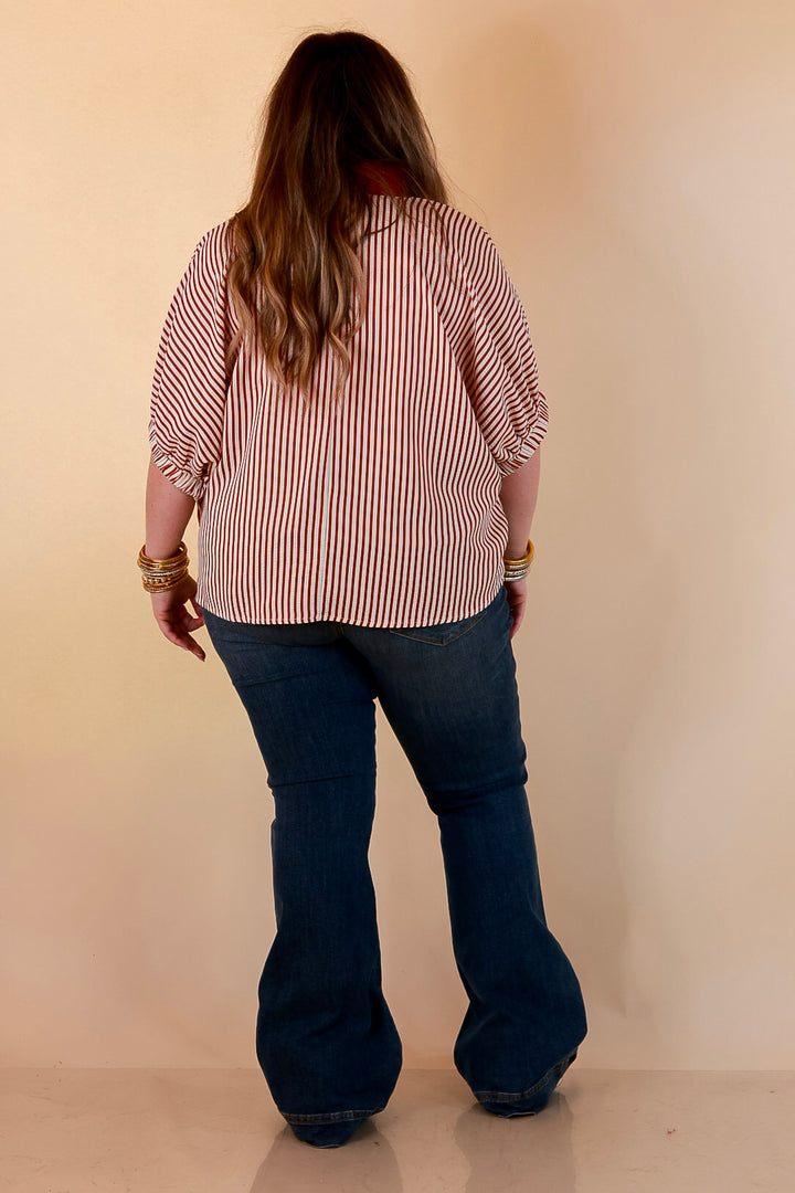Naturally Stylish Stripe Top with Contrast Stripe Trim and Short Dolman Sleeves in Brick Red