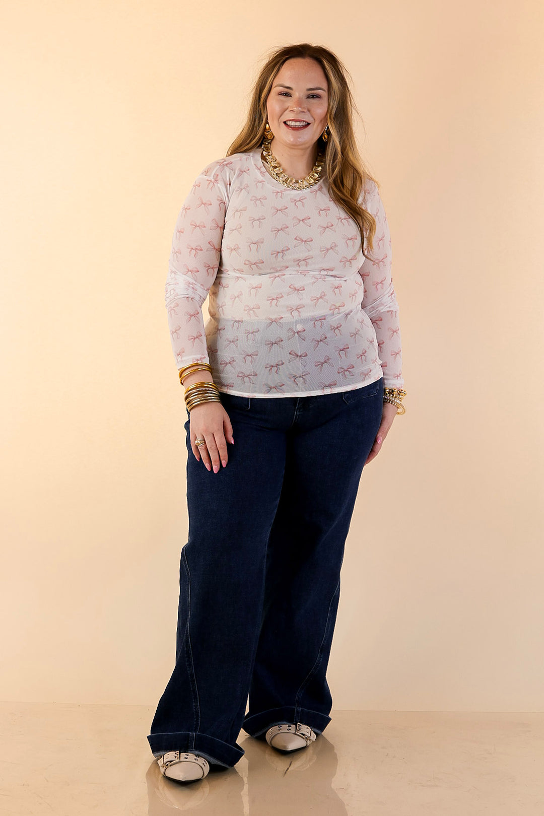 The Perfect Layer Coquette Pink Bow Print Mesh Long Sleeve Top in Ivory