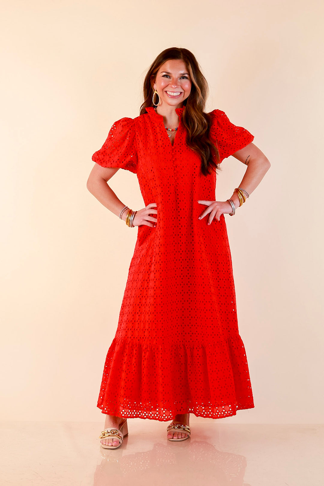 Meet Me at Sunset Eyelet Lace Puff Sleeve Tiered Maxi Dress in Red