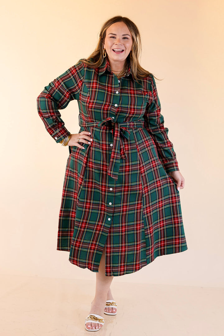 Polished Presence Long Sleeve Plaid Button Up Collared Midi Dress in Green