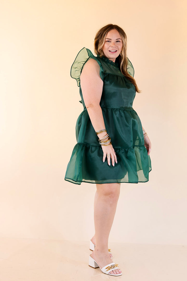 Mud Pie | Jane High Neck Sheer Tulle Ruffle Tiered Dress in Forest Green