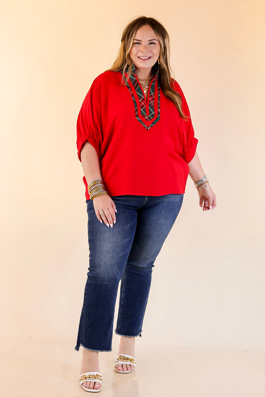 Naturally Stylish Poncho Top with Green Plaid Trim in Red