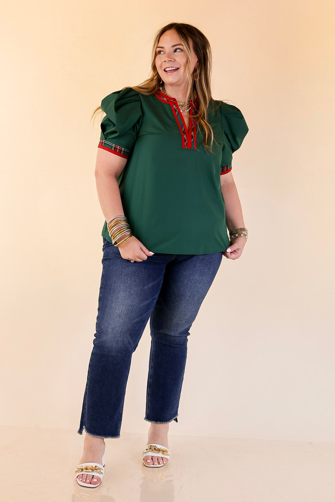 Commanding Style V Neck Top with Short Balloon Sleeves and Plaid Trim in Hunter Green